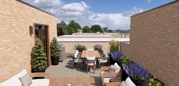 a rooftop terrace with a table and chairs at One West Drive Apartments, Excelsior