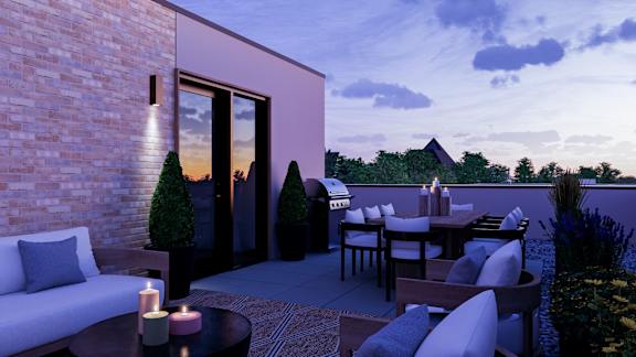 terrace with couches and tables at One West Drive Apartments, Excelsior, MN