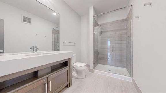 A modern bathroom with a walk-in shower and a double sink vanity.