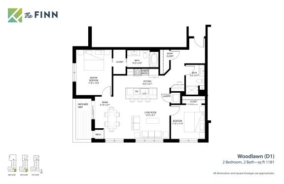 Floor Plan  2 bedroom 2 bathroom Floor plan G at The Finn Apartments, Minnesota, 55116
