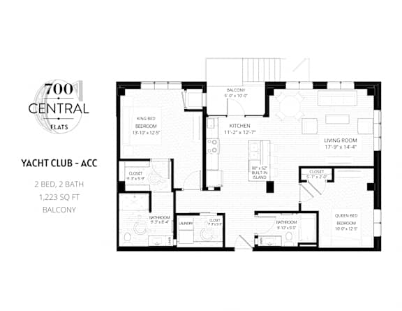 A floor plan for a yacht club apartment with 700 Central Flats.
