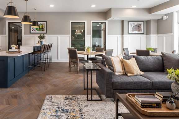 A modern living room with a grey sofa, a wooden coffee table, and a rug on the floor.