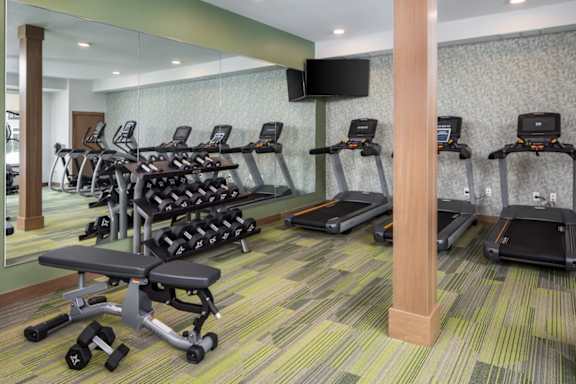 A gym with treadmills, exercise bikes, and weights.
