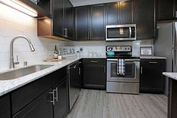 A modern kitchen with black cabinets and stainless steel appliances.