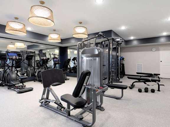 A well-equipped gym with various exercise machines and weights at The Barnum Apartments, Minnesota, 55110