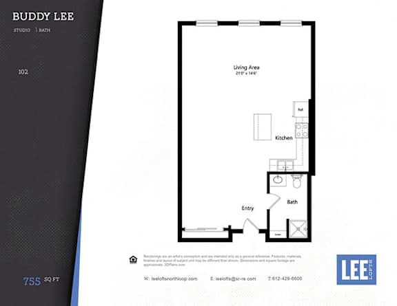 A floor plan for a studio apartment with a living area, kitchen, and bathroom.