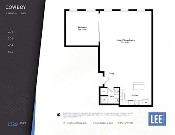 A floor plan for a property named COWBOY shows a bedroom, a living/dining room, a kitchen, and a bathroom.