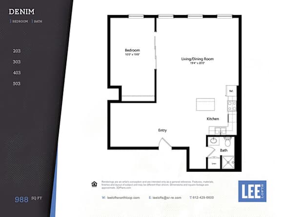 A floor plan for a one bedroom, one bath apartment with a living/dining room, kitchen, and bathroom.