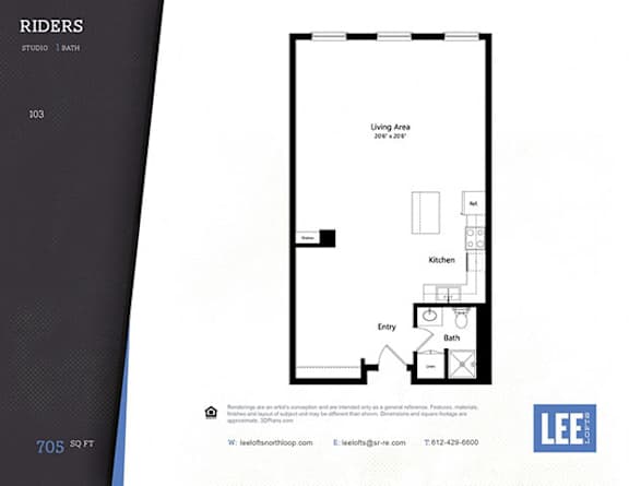 A floor plan for a studio apartment with a kitchen, bathroom, and living area.