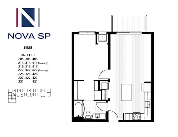 A floor plan of a building with a Nova SP logo and a unit list.