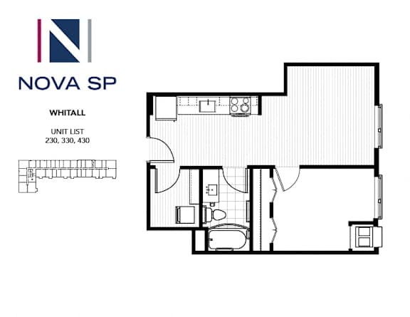 A floor plan of a Nova SP Whittall unit with unit list numbers 230, 330, and 430.