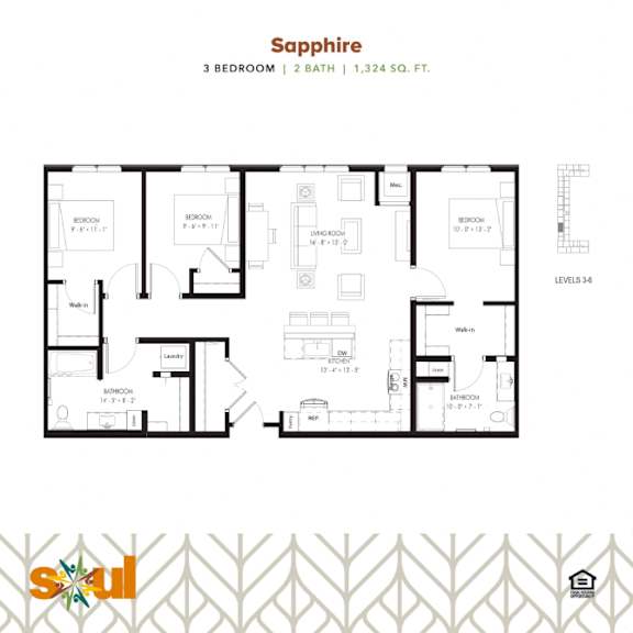 Sapphire Three Bedroom Two Bathroom Floorplan at Soul Apartments, Minnesota 55107