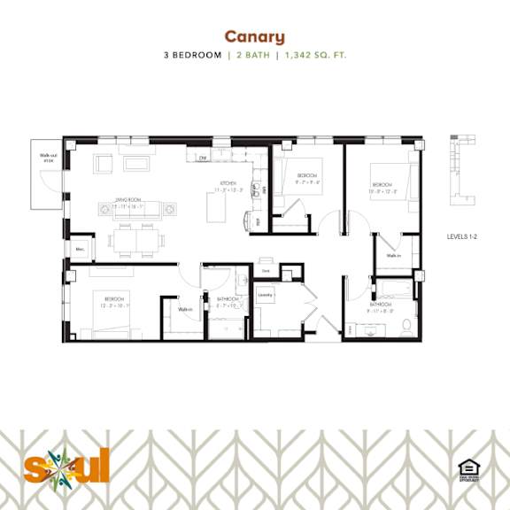 Canary Three Bedroom Two Bathroom Floorplan at Soul Apartments, St. Paul, MN