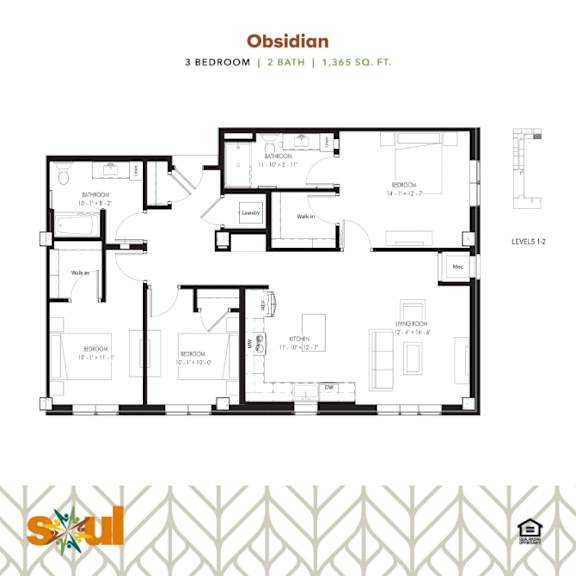 Obsidian Three Bedroom Two Bathroom Floorplan at Soul Apartments, St. Paul, Minnesota