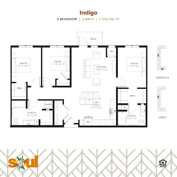 Indigo Three Bedroom Two Bathroom Floorplan at Soul Apartments, St. Paul