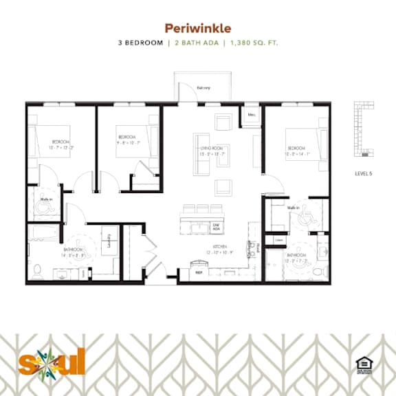 Periwinke Three Bedroom Two Bathroom Floorplan at Soul Apartments, Minnesota