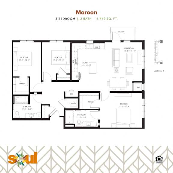 Maroon Three Bedroom Two Bathroom Floorplan at Soul Apartments, St. Paul, MN 55107