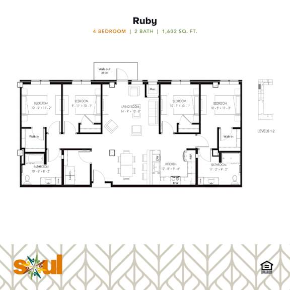 Ruby Four Bedroom Two Bathroom Floorplan at Soul Apartments, St. Paul, 55107