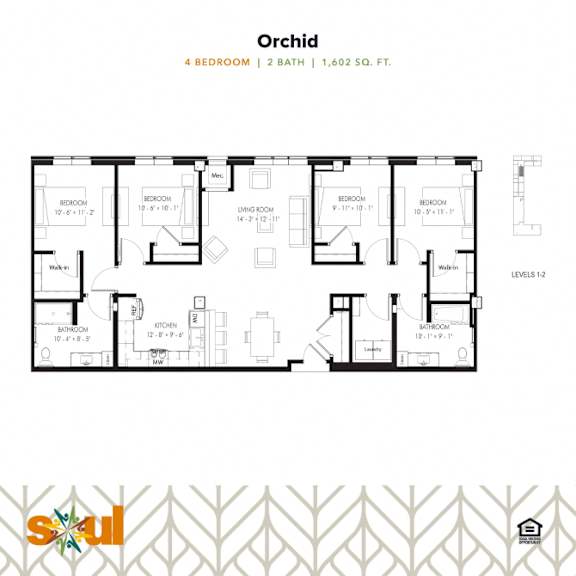 Orchid Four Bedroom Two Bathroom Floorplan at Soul Apartments, St. Paul, Minnesota