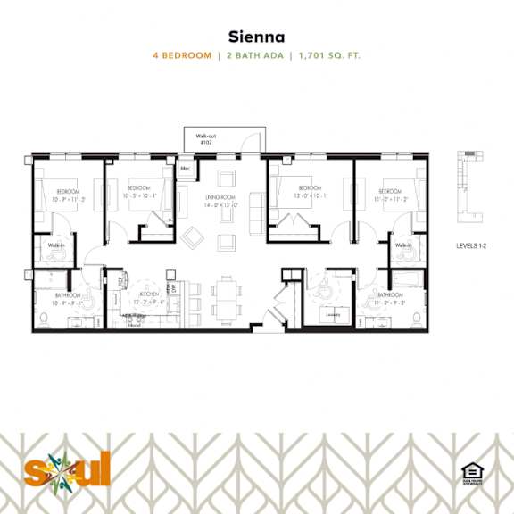 Sienna Four Bedroom Two Bathroom Floorplan at Soul Apartments, Minnesota 55107