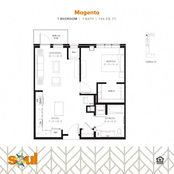 Magenta One Bedroom One Bathroom Floorplan at Soul Apartments, St. Paul, MN 55107