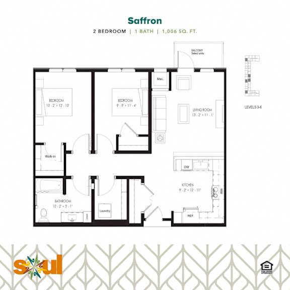 Saffron Two Bedroom One Bathroom Floorplan at Soul Apartments, St. Paul, Minnesota