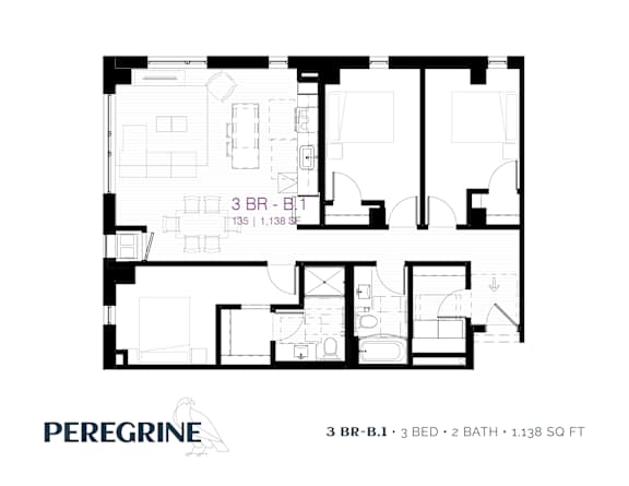 3BR_B1 Floor Plan at Peregrine Apartments, Minneapolis