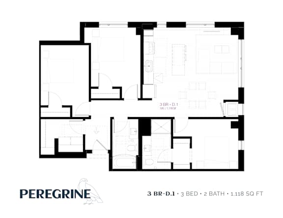3BR_D1 Floor Plan at Peregrine Apartments, Minnesota, 55411