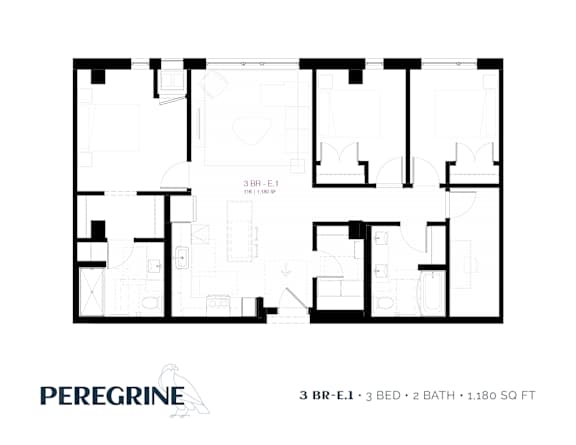 3BR_E1 Floor Plan at Peregrine Apartments, Minneapolis, 55411