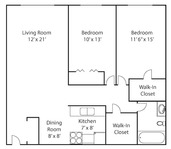 A floor plan of a home with a living room, two bedrooms, a dining room, a kitchen, and two walk-in closets.