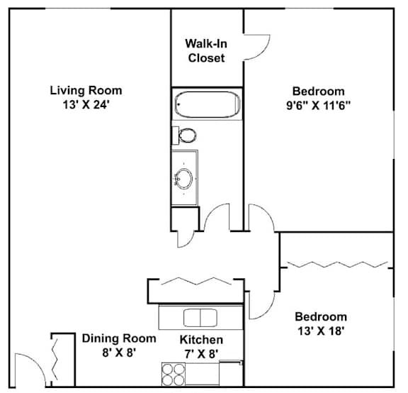 A floor plan of a small apartment with a living room, dining room, kitchen, and two bedrooms.