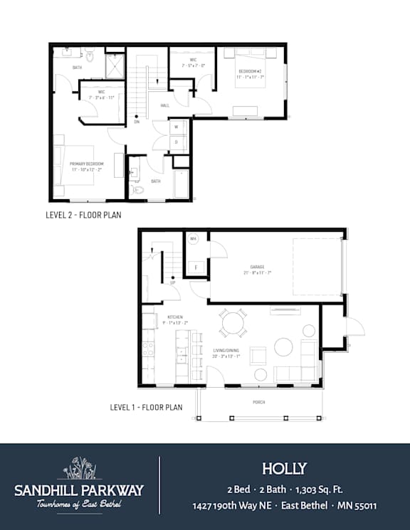Floor plan for a 2 bedroom, 2 bath house at Sandhill Parkway.