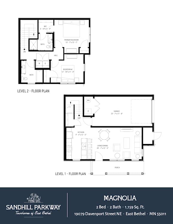 Floor plan for a two bedroom, two bathroom apartment.