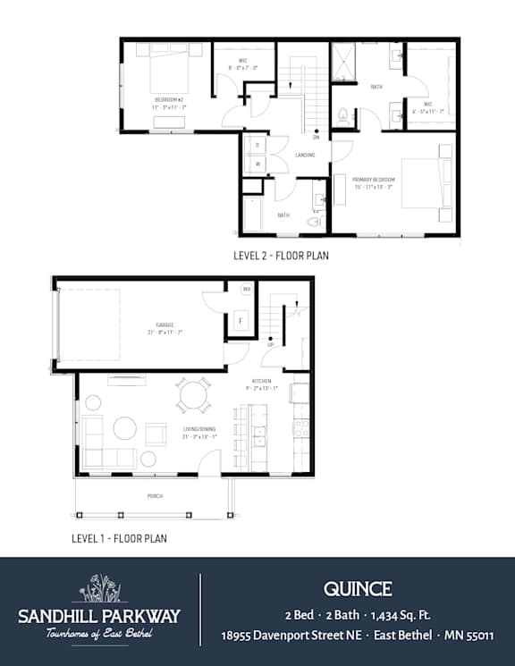 Two floor plans for a 2 bedroom, 2 bath house.