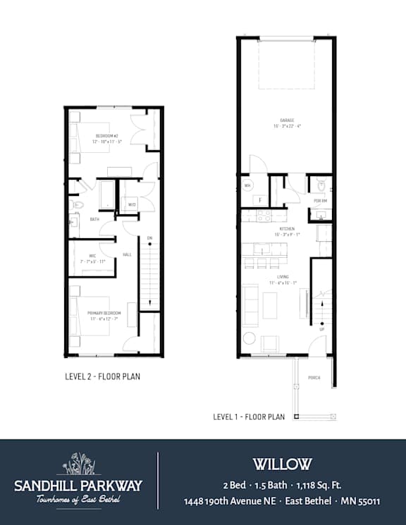 A floor plan for a 2 Bedroom, 1.5 Bath home at Sandhill Parkway.
