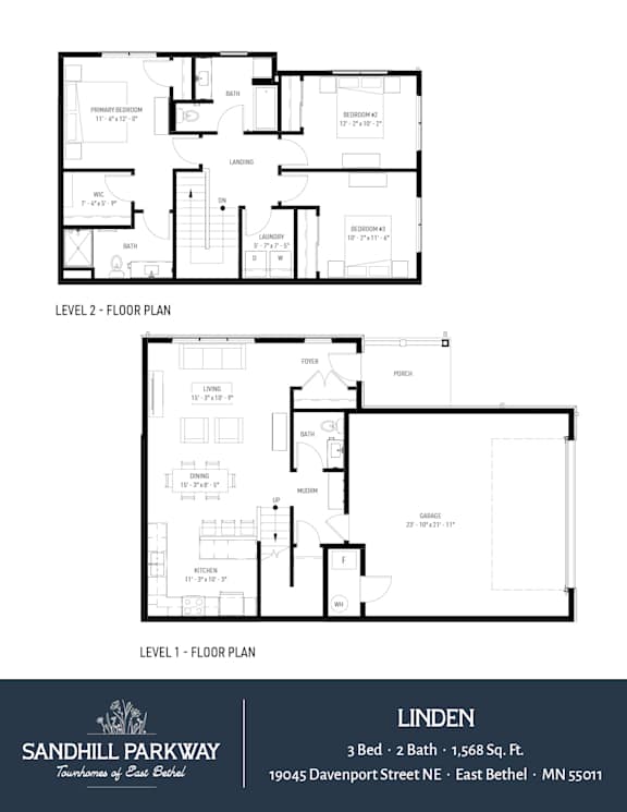A floor plan for a three bedroom, two bathroom apartment at Sandhill Parkway.