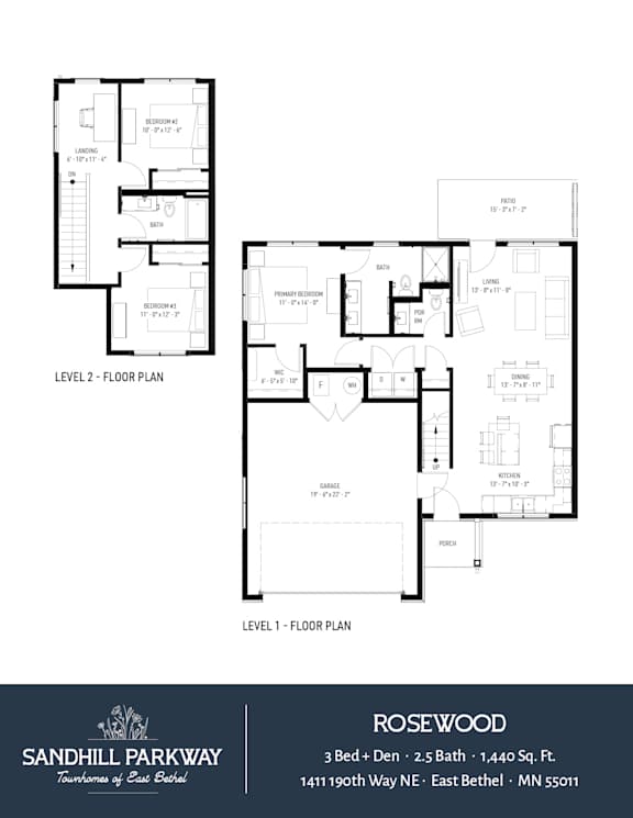 A floor plan for a 3 bedroom, 2 bathroom Rosewood apartment.