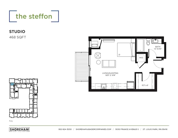 Floor Plan  A floor plan for a studio apartment sized at 468 square feet.