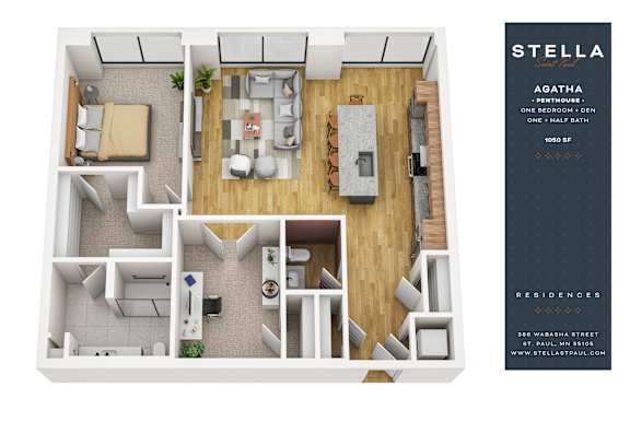 1Bed 1.5Bath A Floor Plan at Stella St. Paul Apartments, St. Paul, MN