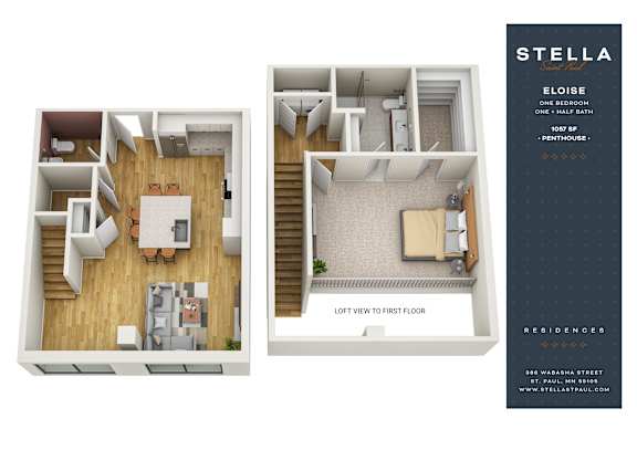 A floor plan of a one bedroom apartment with a loft view to the first floor.