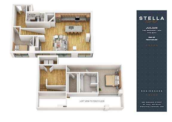 A floor plan of a Stella Residences Julian apartment with two bedrooms and two bathrooms.