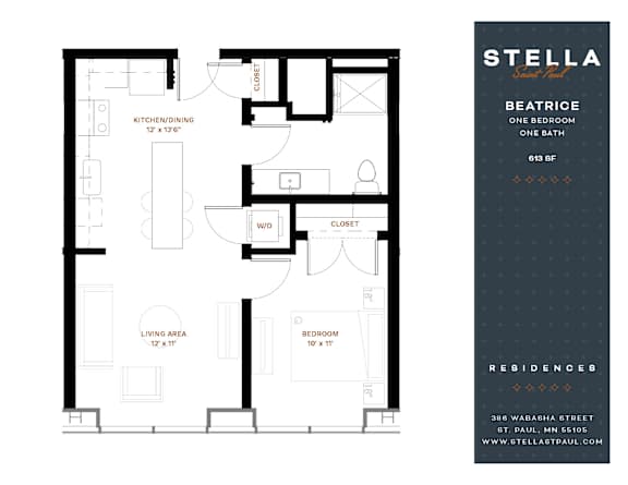 A floor plan for a one bedroom apartment at Stella Residences.