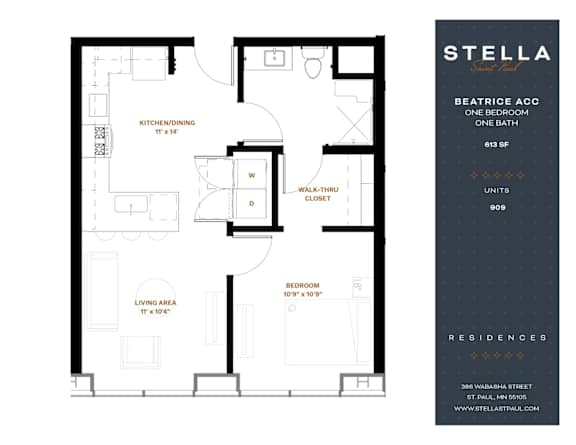 A floor plan for a one bedroom apartment at Stella Residences.