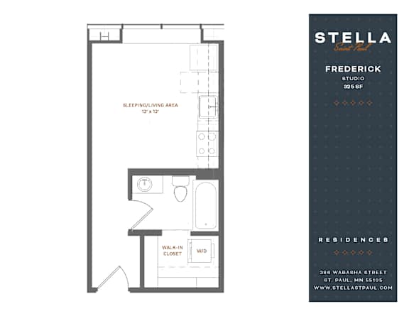 A floor plan for a Stella Frederick studio apartment.