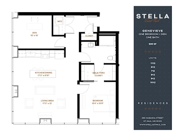 A floor plan for a one bedroom apartment with a living area, kitchen/dining area, and bathroom.