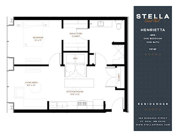 A floor plan for a one bedroom apartment at Stella Residences.