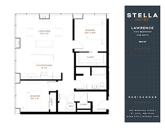 A floor plan for a Stella Lawrence apartment shows a living area, kitchen, two bedrooms, and a bathroom.