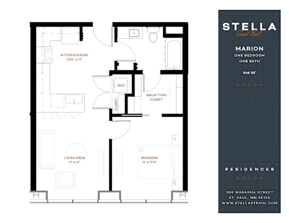 A floor plan for a one bedroom apartment at Stella Residences.