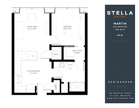 A floor plan for a one bedroom apartment at Stella Residences.