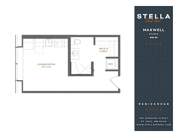 A floor plan for a Stella Maxwell studio apartment.